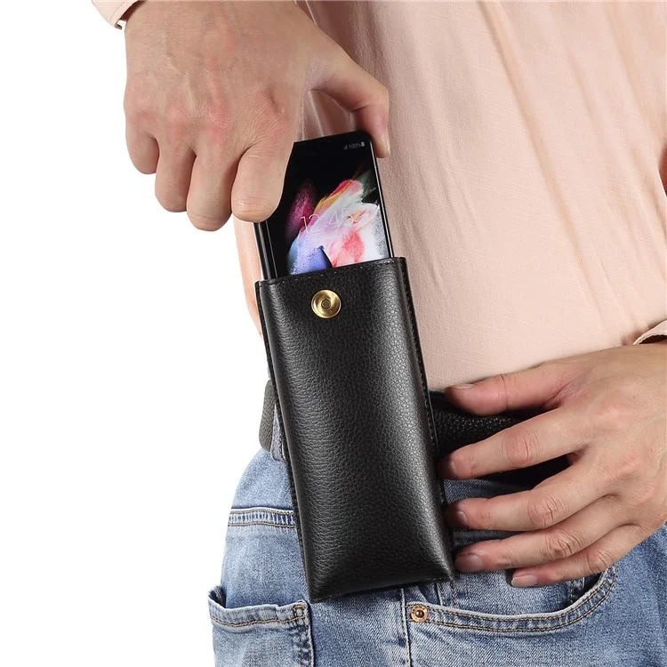 PU Leather Phone Belt Pouch for Folding Mobile Phones Universal Wasit Phone Holster Bag with Hook - Black