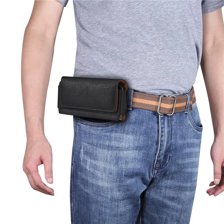 Horizontal Cowhide Texture PU Leather+Nylon Phone Belt Bag for 4.7-5.4" Smartphone Waist Pouch - Black