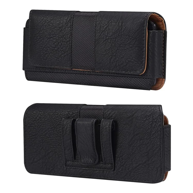 Horizontal Splicing Phone Belt Bag Cowhide Texture PU Leather+Nylon Waist Pouch for 6.2-6.5" Cell Phones - Black