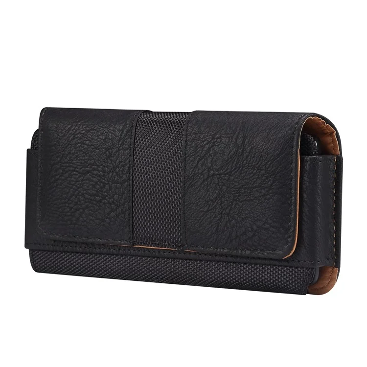 Horizontal Splicing Phone Belt Bag Cowhide Texture PU Leather+Nylon Waist Pouch for 6.2-6.5" Cell Phones - Black