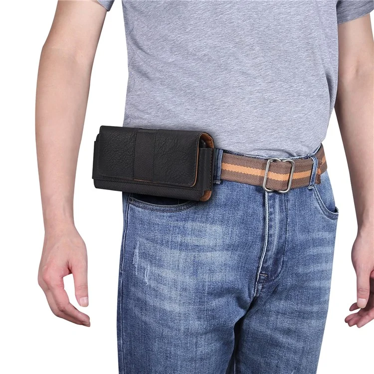 Horizontal Splicing Phone Belt Bag Cowhide Texture PU Leather+Nylon Waist Pouch for 6.2-6.5" Cell Phones - Black