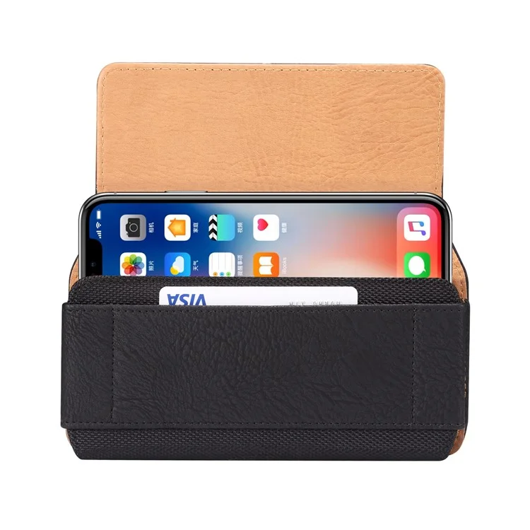 Horizontal Splicing Phone Belt Bag Cowhide Texture PU Leather+Nylon Waist Pouch for 6.2-6.5" Cell Phones - Black