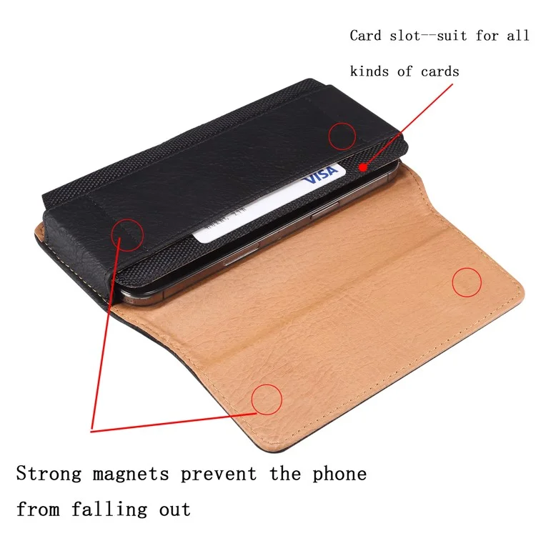 Horizontal Splicing Phone Belt Bag Cowhide Texture PU Leather+Nylon Waist Pouch for 6.2-6.5" Cell Phones - Black