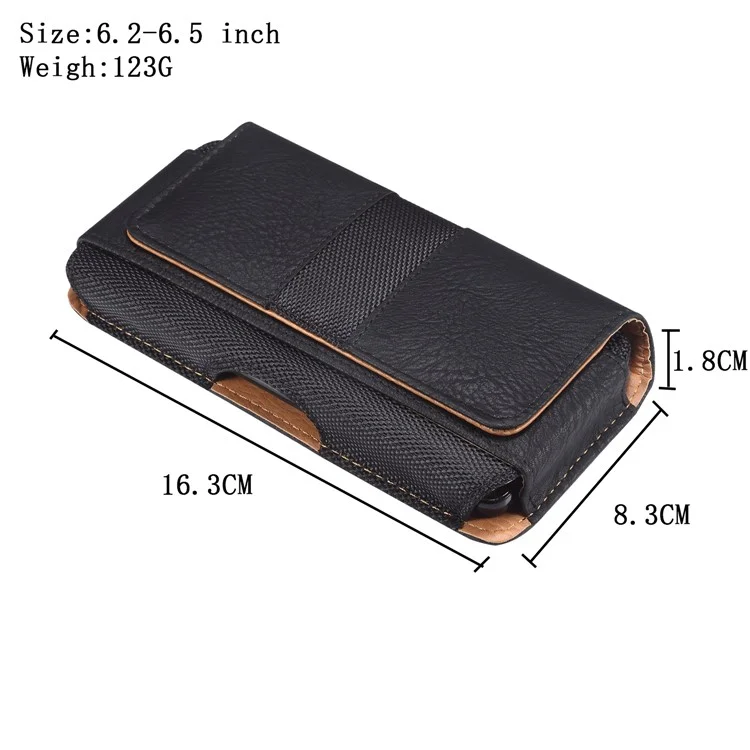 Horizontal Splicing Phone Belt Bag Cowhide Texture PU Leather+Nylon Waist Pouch for 6.2-6.5" Cell Phones - Black