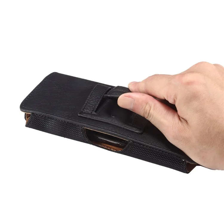 Horizontal Splicing Phone Belt Bag Cowhide Texture PU Leather+Nylon Waist Pouch for 6.2-6.5" Cell Phones - Black