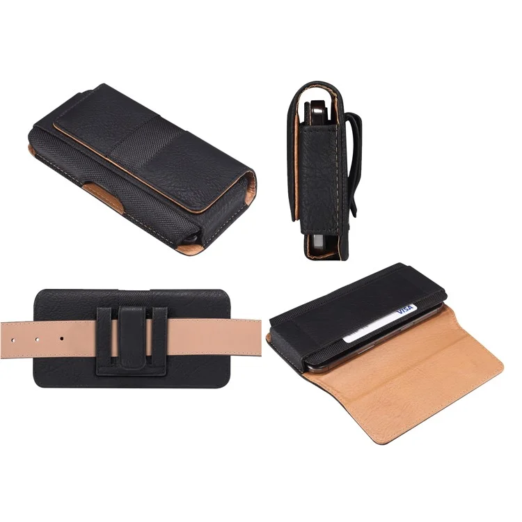 Horizontal Splicing Phone Belt Bag Cowhide Texture PU Leather+Nylon Waist Pouch for 6.2-6.5" Cell Phones - Black