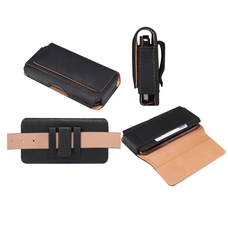 Cowhide Texture PU Leather+Nylon Waist Bag Anti-Scratch Horizontal Belt Phone Pouch for 6.2-6.5" Smartphone - Black