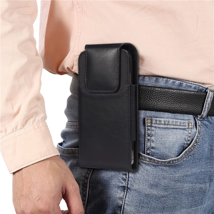 Bolsa de Cintura para Teléfono Vertical con Textura de Caballo Loco de Cuero PU+Nylon para Teléfonos de 6.7-6.9" Anti-Caída