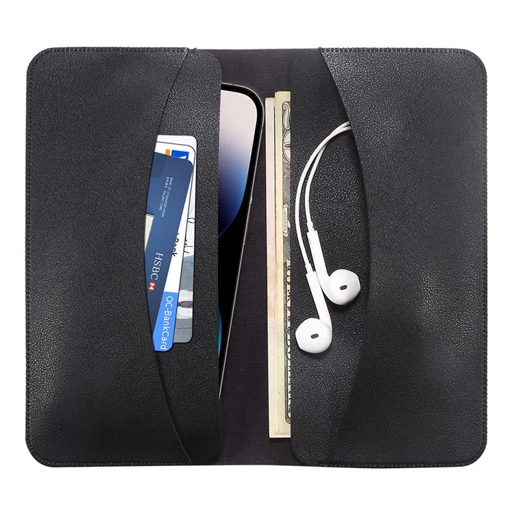 Phone Case for 5.5''-6.5'' Phone Nappa Texture Microfiber Leather Clutch Money Pouch Wallet Double Compartment Cards Holder, Size: L - Black