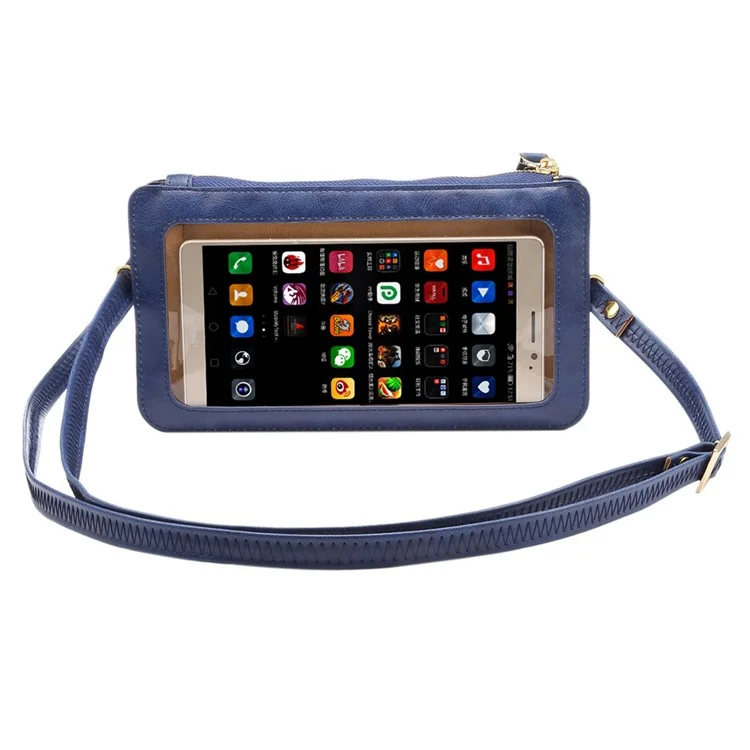 Universal-Ansicht-Fenster-Touchscreen Leder Kreuzkörper-Geldbörse Mobile Beutel Weiche PU-Leder-Fall, Größe: 20 X 11,5 Cm - Blau