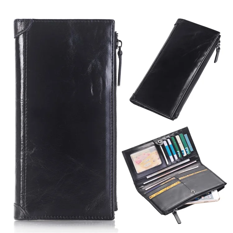 Genuine Leather Zipper Wallet Mobile Phone Pouch Case for iPhone 7 Plus, Huawei P10 Etc. - Black