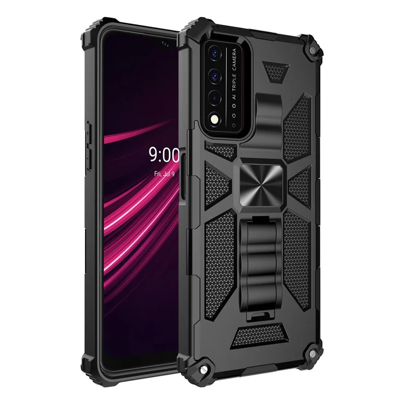 Military Grade Car Mount Kickstand Hybrid Hard PC Soft TPU Shockproof Protective Case for T-Mobile REVVL V+ 5G - Black