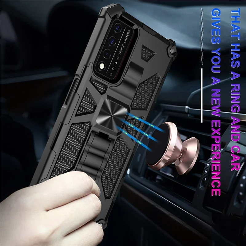 Military Grade Car Mount Kickstand Hybrid Hard PC Soft TPU Shockproof Protective Case for T-Mobile REVVL V+ 5G - Black