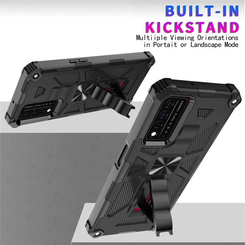 Military Grade Car Mount Kickstand Hybrid Hard PC Soft TPU Shockproof Protective Case for T-Mobile REVVL V+ 5G - Black