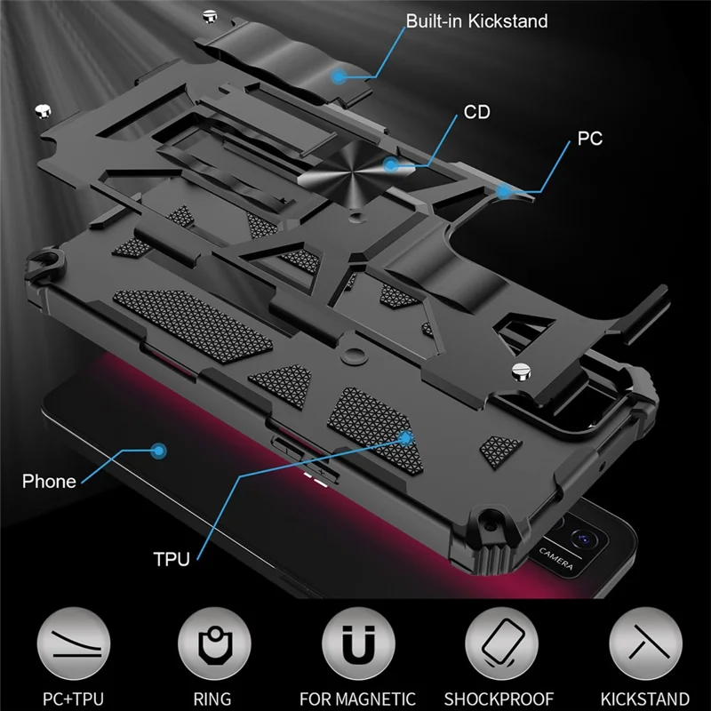 Military Grade Car Mount Kickstand Hybrid Hard PC Soft TPU Shockproof Protective Case for T-Mobile REVVL V+ 5G - Black