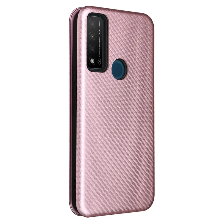 Funzione di Supporto Funzione in Fibra di Carbonio PU Peth Caso Magnetico Auto Auto Cla Chiuso Con Scotto Card Per TCL 20 R 5G / 20ax - Oro Rosa