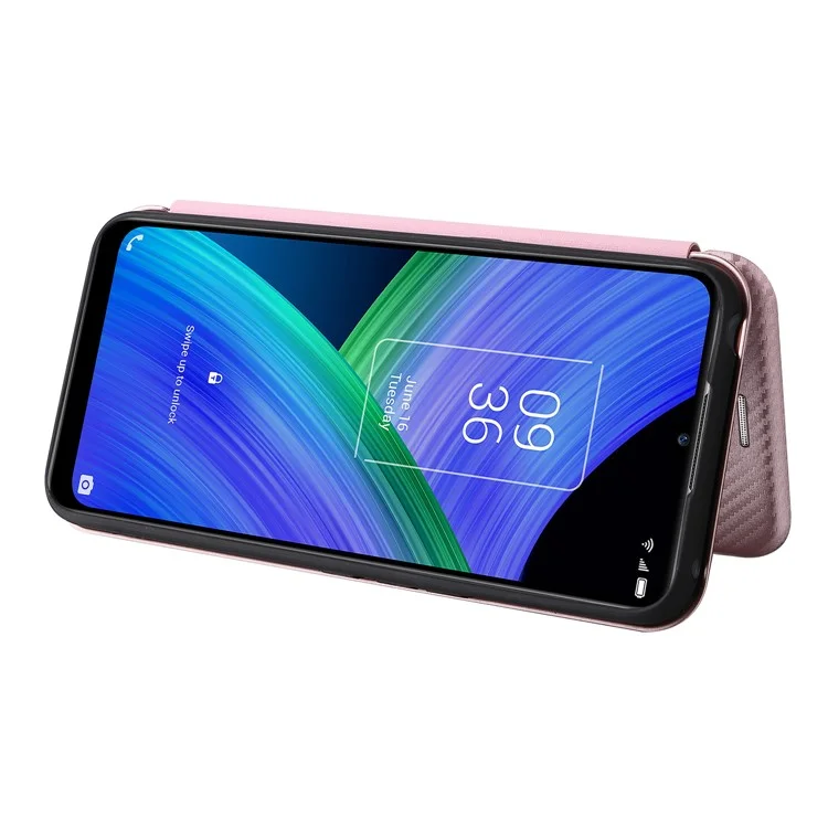 Funzione di Supporto Funzione in Fibra di Carbonio PU Peth Caso Magnetico Auto Auto Cla Chiuso Con Scotto Card Per TCL 20 R 5G / 20ax - Oro Rosa