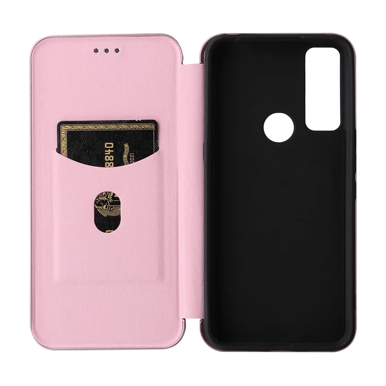 Funzione di Supporto Funzione in Fibra di Carbonio PU Peth Caso Magnetico Auto Auto Cla Chiuso Con Scotto Card Per TCL 20 R 5G / 20ax - Oro Rosa