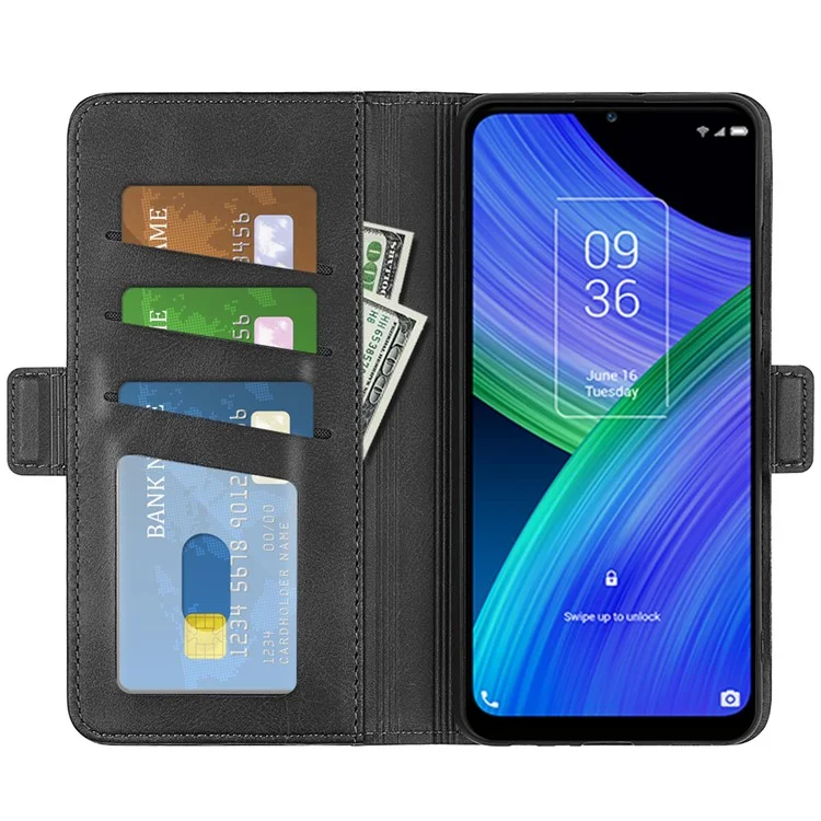 Carteira de Couro PU Resistente a Arranhões com Suporte Dobrável Flip Phone Case com Dupla Fivela Magnética para TCL 20R 5G - Preto