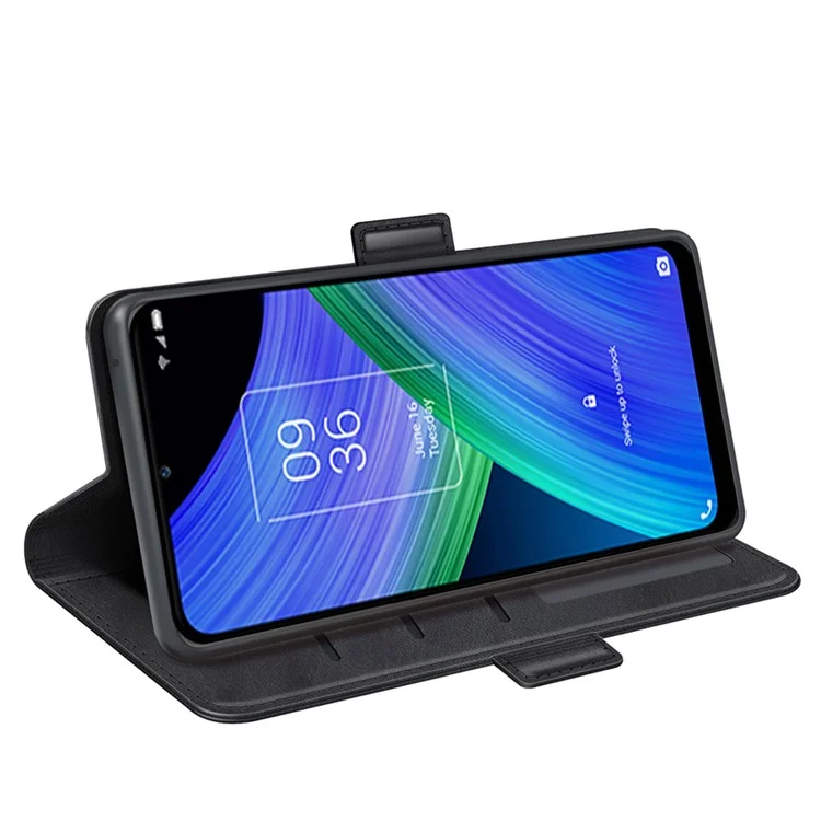 Carteira de Couro PU Resistente a Arranhões com Suporte Dobrável Flip Phone Case com Dupla Fivela Magnética para TCL 20R 5G - Preto
