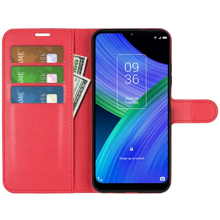 Funda protectora de cuerpo completo de textura de lichí PU Leather Case Stand Wallet Phone Shell Cover para TCL 20 R 5G - Rojo