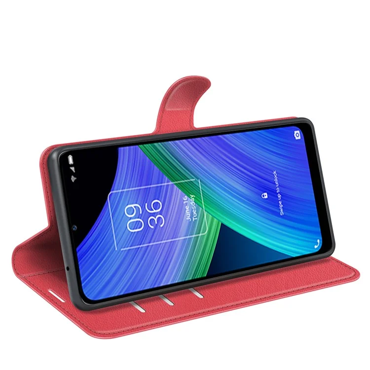 Funda protectora de cuerpo completo de textura de lichí PU Leather Case Stand Wallet Phone Shell Cover para TCL 20 R 5G - Rojo