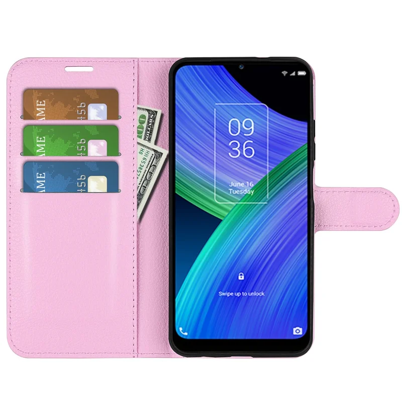 Litchi Texture Full Body Protection PU Leather Case Stand Wallet Phone Shell Cover for TCL 20 R 5G - Pink