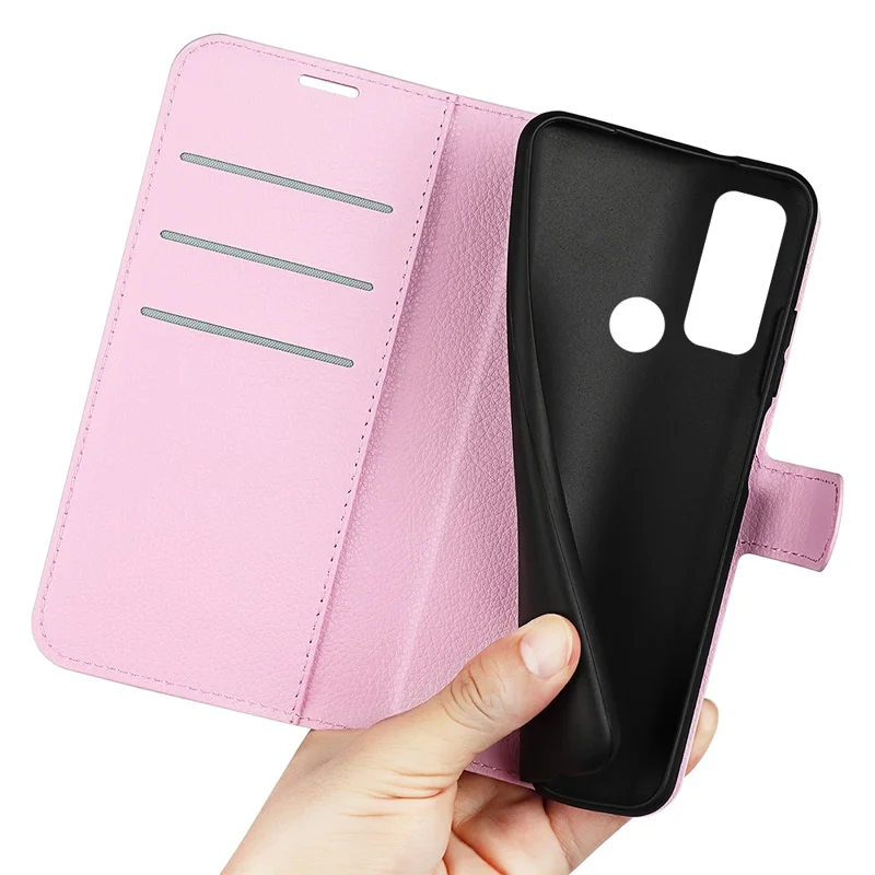 Litchi Texture Full Body Protection PU Leather Case Stand Wallet Phone Shell Cover for TCL 20 R 5G - Pink