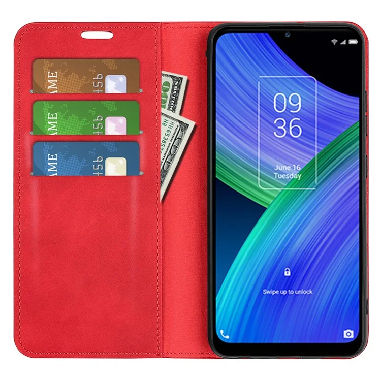 Cubierta de cartera de piel con cierre magnético automático, tacto suave de piel para TCL 20 R 5G - Rojo