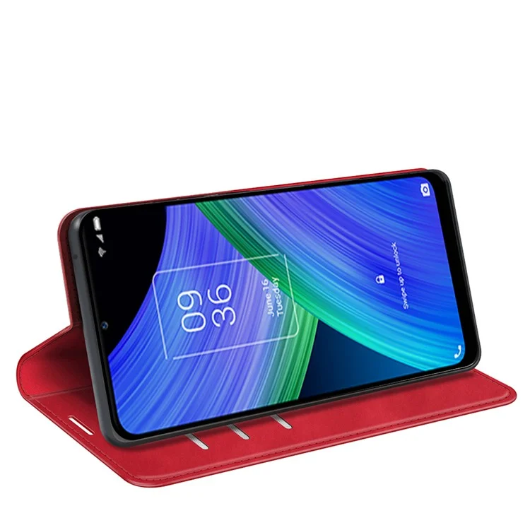 Cubierta de cartera de piel con cierre magnético automático, tacto suave de piel para TCL 20 R 5G - Rojo