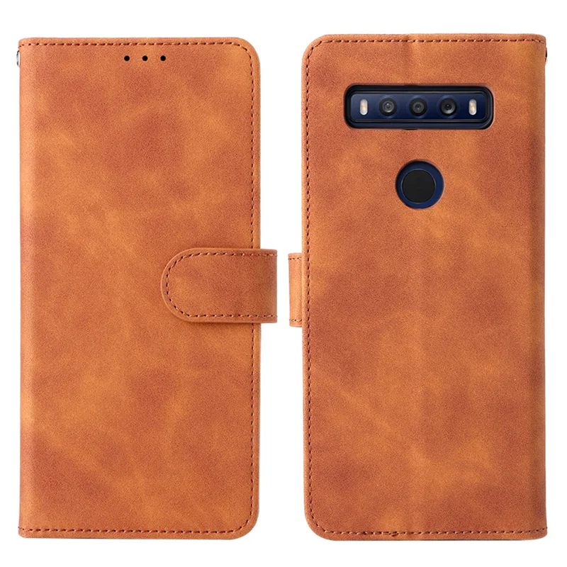 Skin-touch Feeling Full Protection Stand Wallet Leather Phone Cover Case for TCL 10 SE - Brown