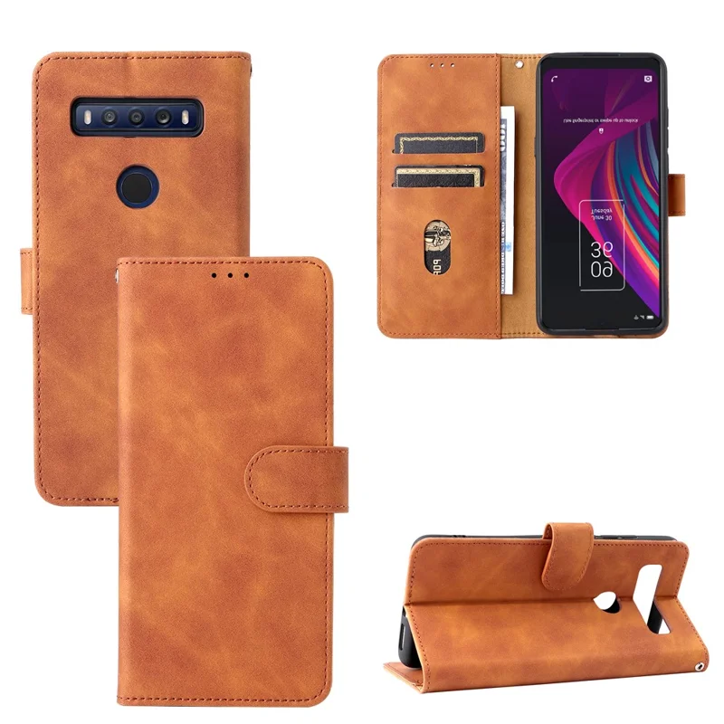 Skin-touch Feeling Full Protection Stand Wallet Leather Phone Cover Case for TCL 10 SE - Brown