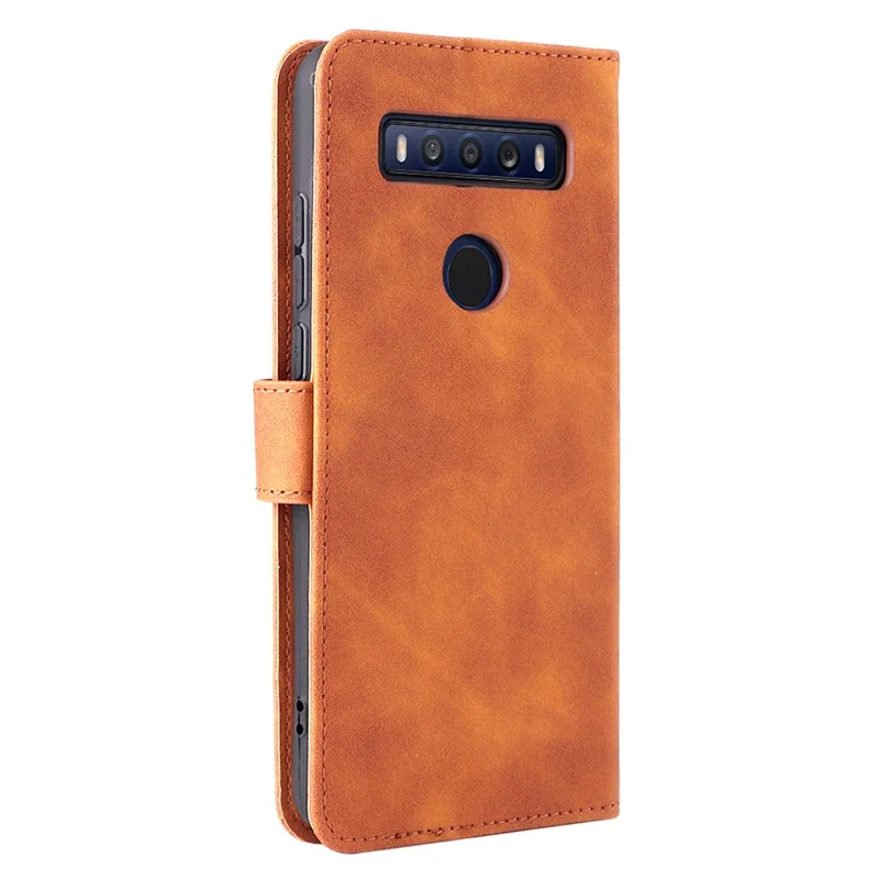 Skin-touch Feeling Full Protection Stand Wallet Leather Phone Cover Case for TCL 10 SE - Brown