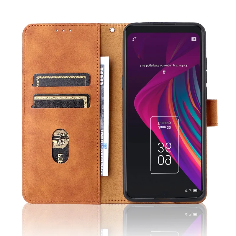 Skin-touch Feeling Full Protection Stand Wallet Leather Phone Cover Case for TCL 10 SE - Brown