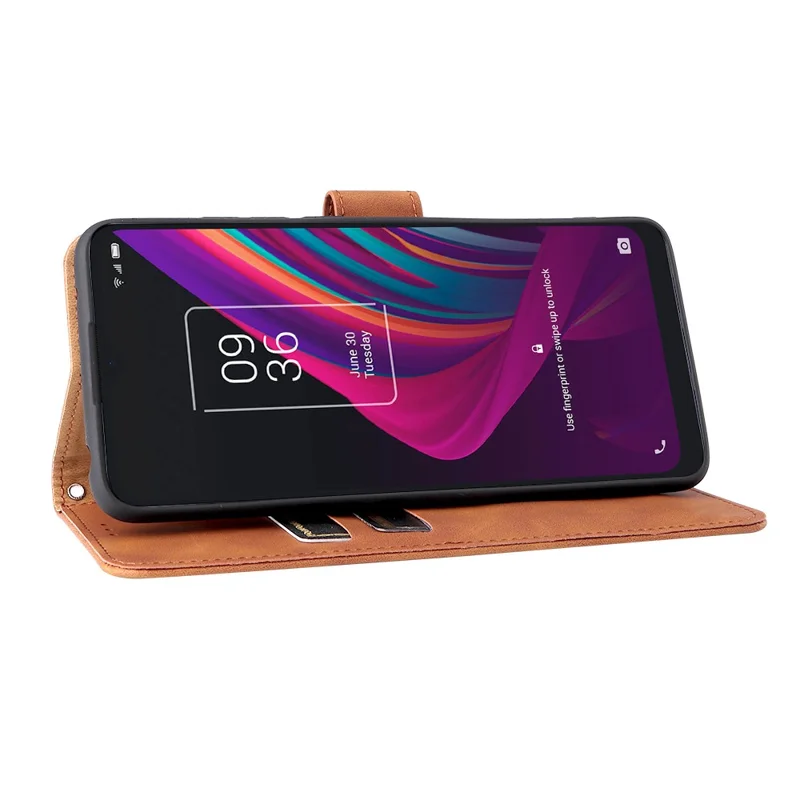 Skin-touch Feeling Full Protection Stand Wallet Leather Phone Cover Case for TCL 10 SE - Brown
