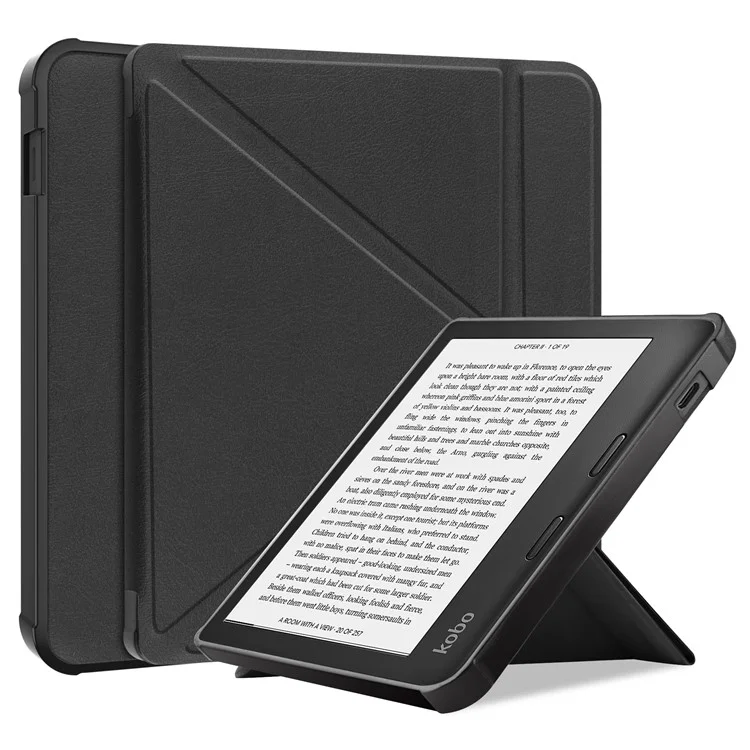 Auto Wake/Sleep Function PU Leather Case Solid Color Origami Stand Protective E-reader Cover for Kobo Libra 2 - Black