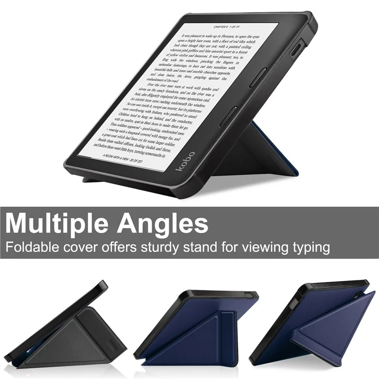 Função Auto Wake / Sleep PU Leather Case Cor Sólida Origami Stand Capa Protetora E-reader para Kobo Libra 2 - Azul Escuro