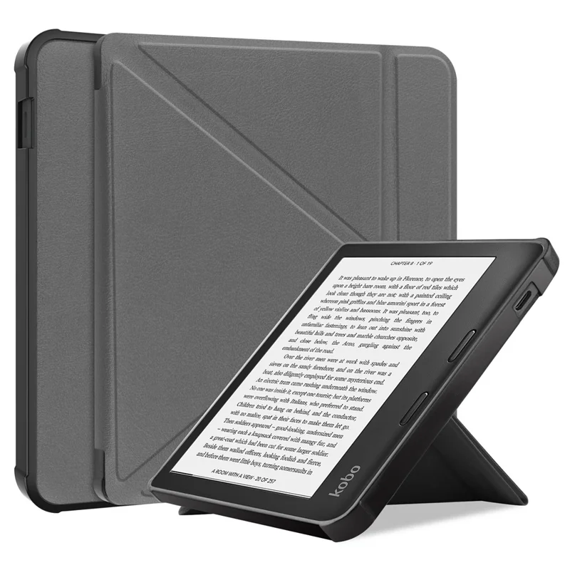 Funda de cuero sintético con función de encendido/apagado automático, color sólido, diseño tipo origami con soporte, para lector electrónico Kobo Libra 2 / Libra Colour - Gris