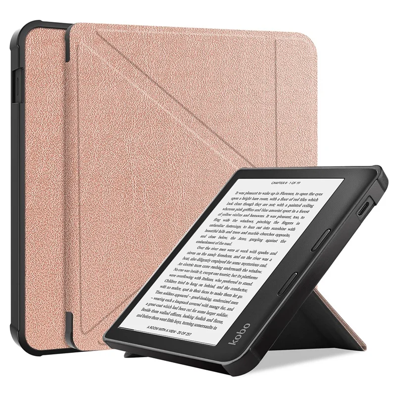 Auto Wake / Sleep PU Leather Case Solid Color Origami Stand E-Reader Cover for Kobo Libra 2 / Libra Colour - Rose Gold