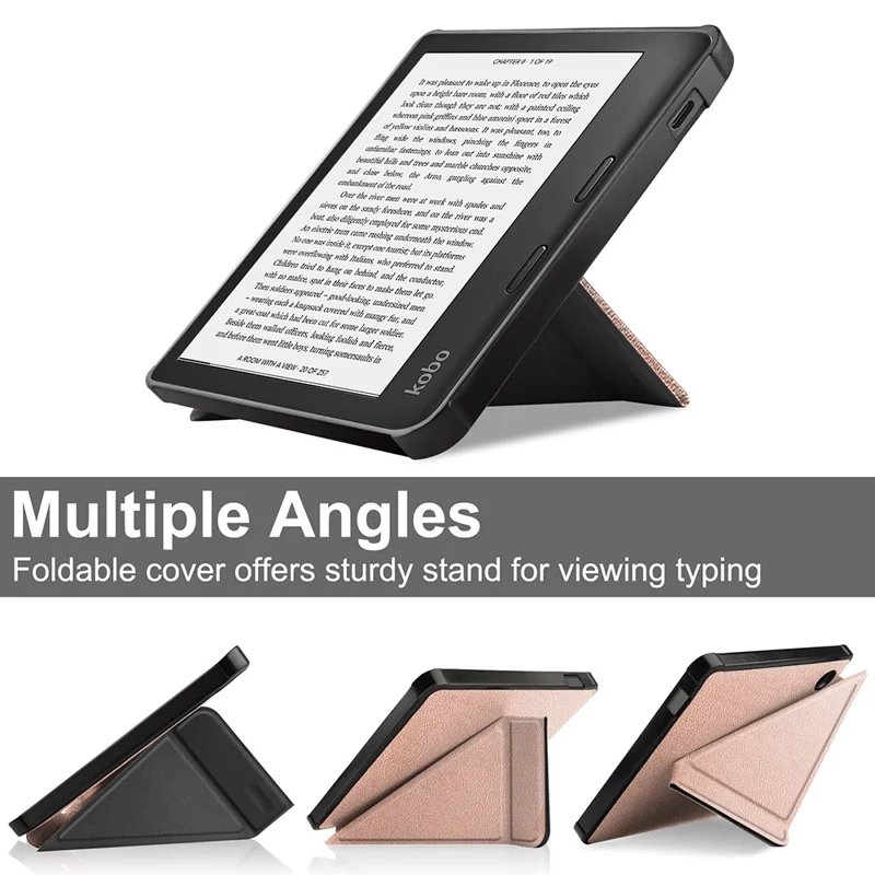 Auto Wake / Sleep PU Leather Case Solid Color Origami Stand E-Reader Cover for Kobo Libra 2 / Libra Colour - Rose Gold