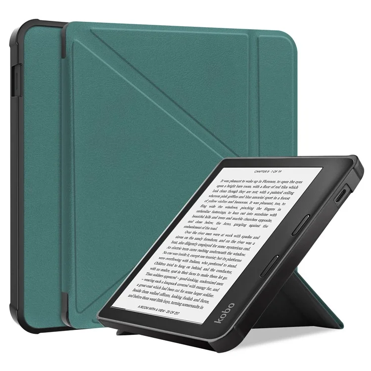 Auto Wake / Sleep PU Leather Case Solid Color Origami Stand E-Reader Cover for Kobo Libra 2 / Libra Colour - Blackish Green