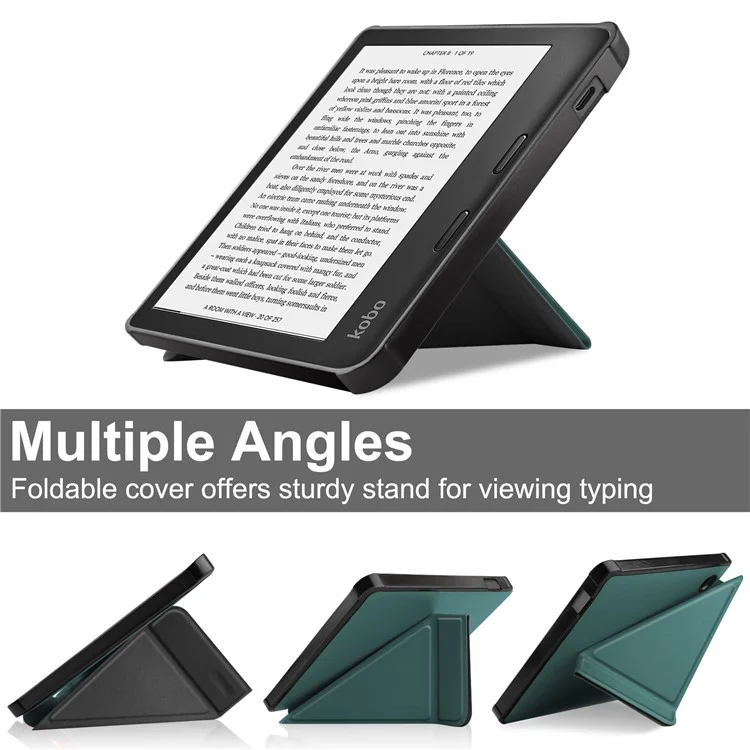 Auto Wake / Sleep PU Leather Case Solid Color Origami Stand E-Reader Cover for Kobo Libra 2 / Libra Colour - Blackish Green
