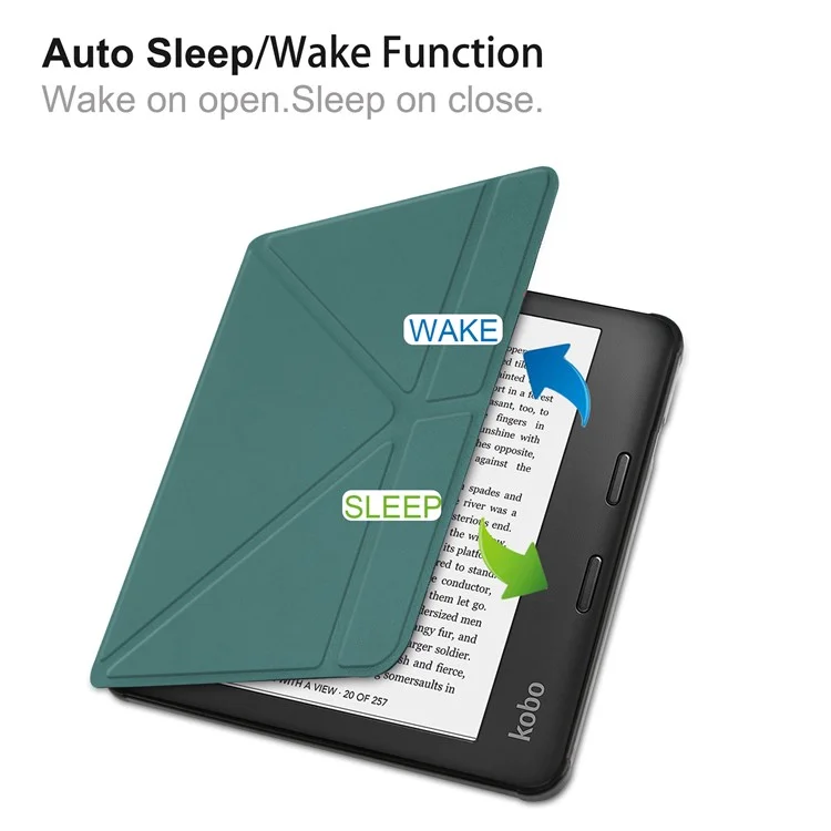Auto Wake / Sleep PU Leather Case Solid Color Origami Stand E-Reader Cover for Kobo Libra 2 / Libra Colour - Blackish Green