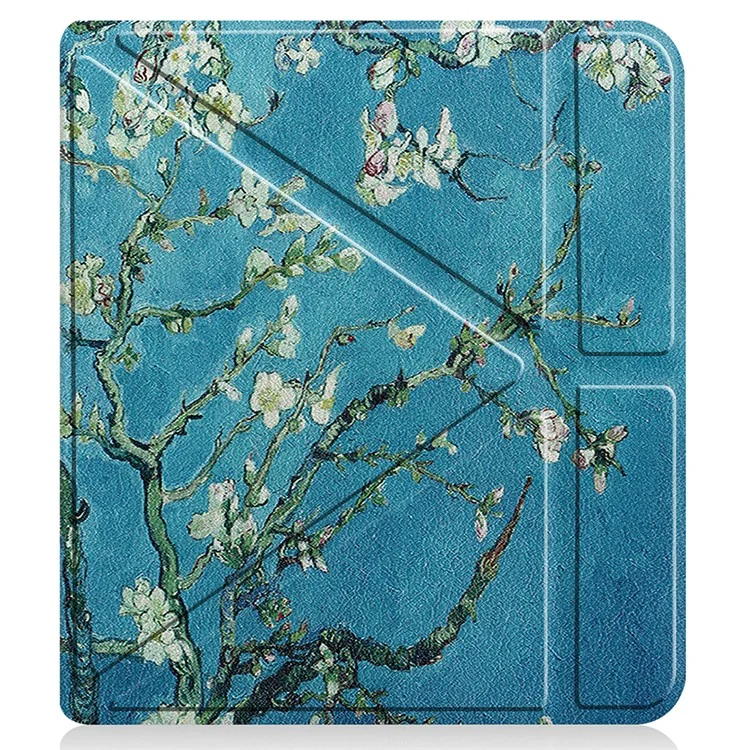 Pattern Printing Origami Stand PU Leather Case E-reader Protective Cover with Auto Wake/Sleep for Kobo Libra 2 - Apricot Flower