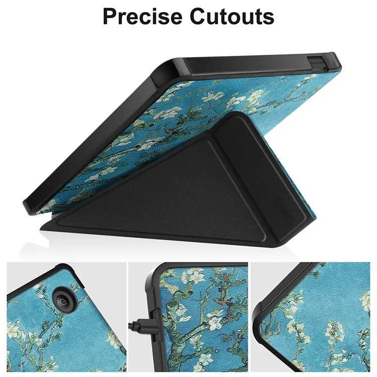 Pattern Printing Origami Stand PU Leather Case E-reader Protective Cover with Auto Wake/Sleep for Kobo Libra 2 - Apricot Flower