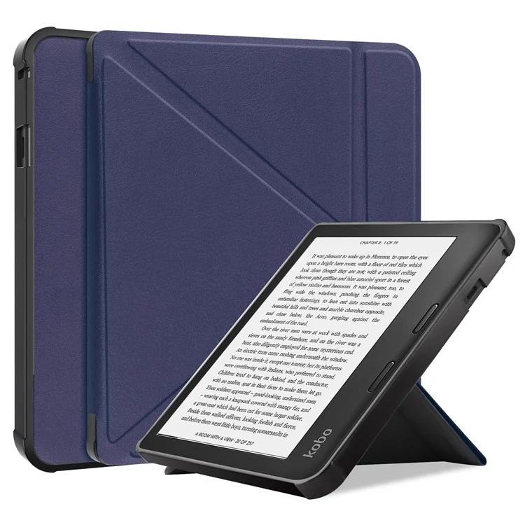 Auto Wake/Sleep Function Origami Stand PU Leather Case Cover for Kobo Sage - Dark Blue