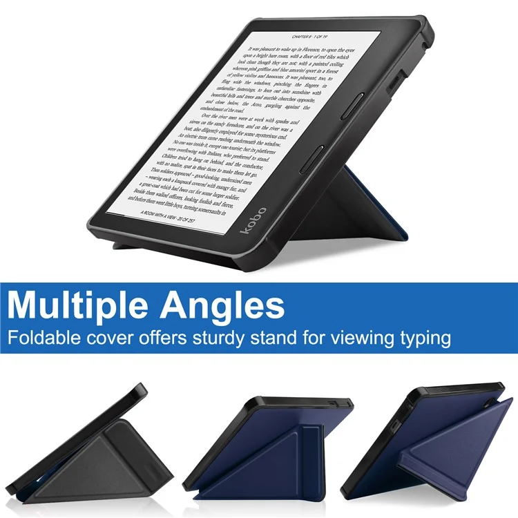 Auto Wake/Sleep Function Origami Stand PU Leather Case Cover for Kobo Sage - Dark Blue