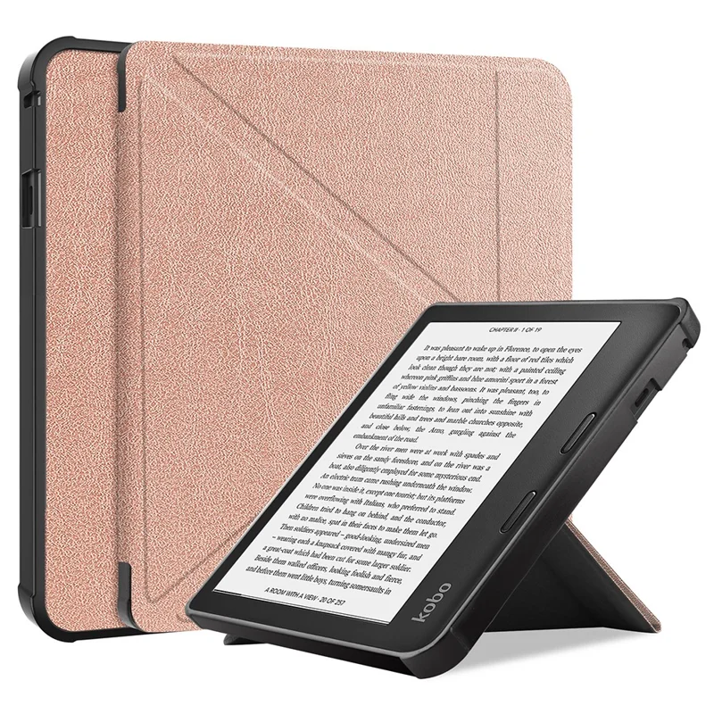 Auto Wake/Sleep Function Origami Stand PU Leather Case Cover for Kobo Sage - Rose Gold