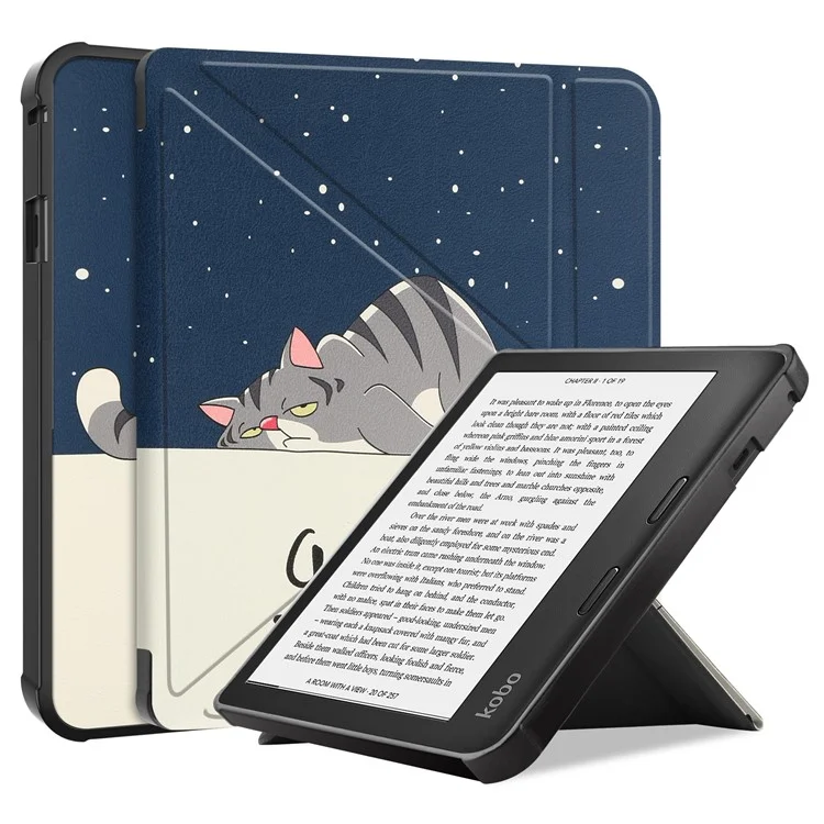 Étui de Protection avec Impression de Motifs Origami PU Cuir + TPU avec Fonction Réveil/Veille Automatique pour Kobo Sage - Chat