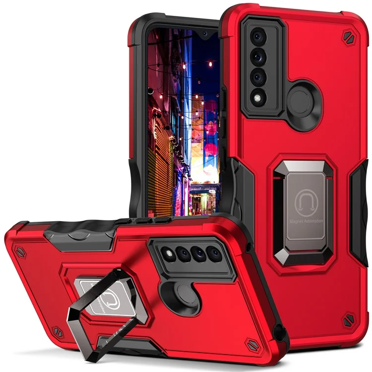 Ring Kickstand Drop-proof Anti-scratch Hybrid Hard PC + Soft TPU Mobile Phone Case Shell for TCL 20 XE - Red